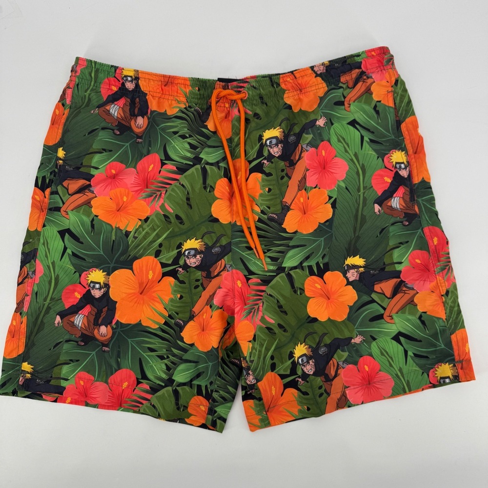 VTG Naruto Shippuden Mens Large Swim Trunks Floral Tropical Board Shorts